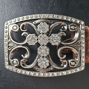 Guess Vintage Y2K Chunky Big Buckle Leather Belt Rhinestone Bling Studded Cross